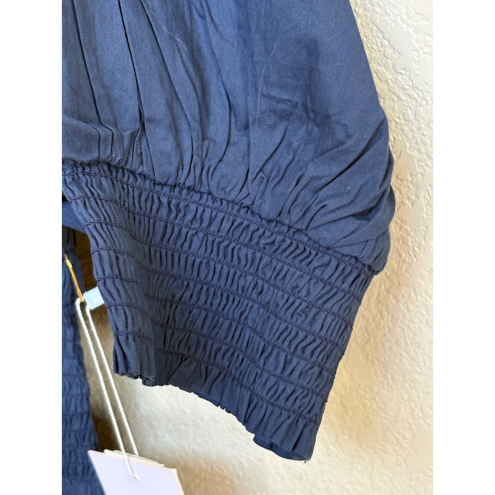 NWT Never A Wallflower Navy Blue Cotton Smocked Waist Puff Sleeve Dress L - Picture 5 of 8